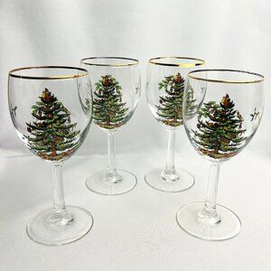Spode Christmas Tree Vintage Wine Glasses Holiday Goblets Gold Trim 12 oz 4pcs